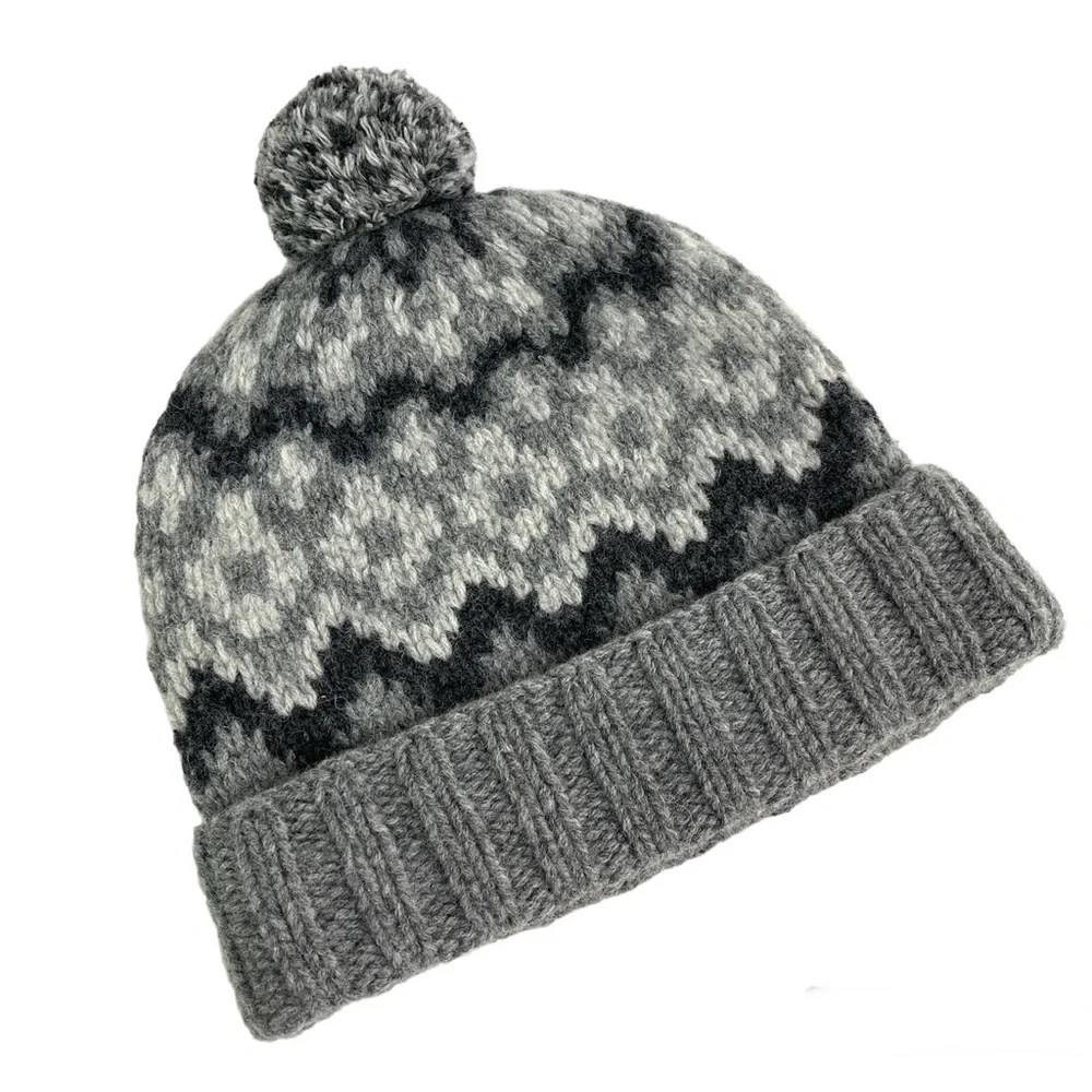 BONOBOS 100% Shetland Wool Fair Isle Beanie Hat NEW Gray With Pom